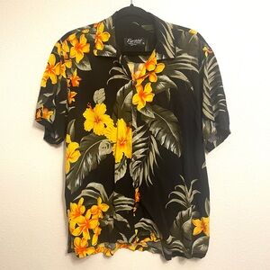 Favant Men's XL Black Rayon Hawaiian Aloha Shirt Yellow Hibiscus Print